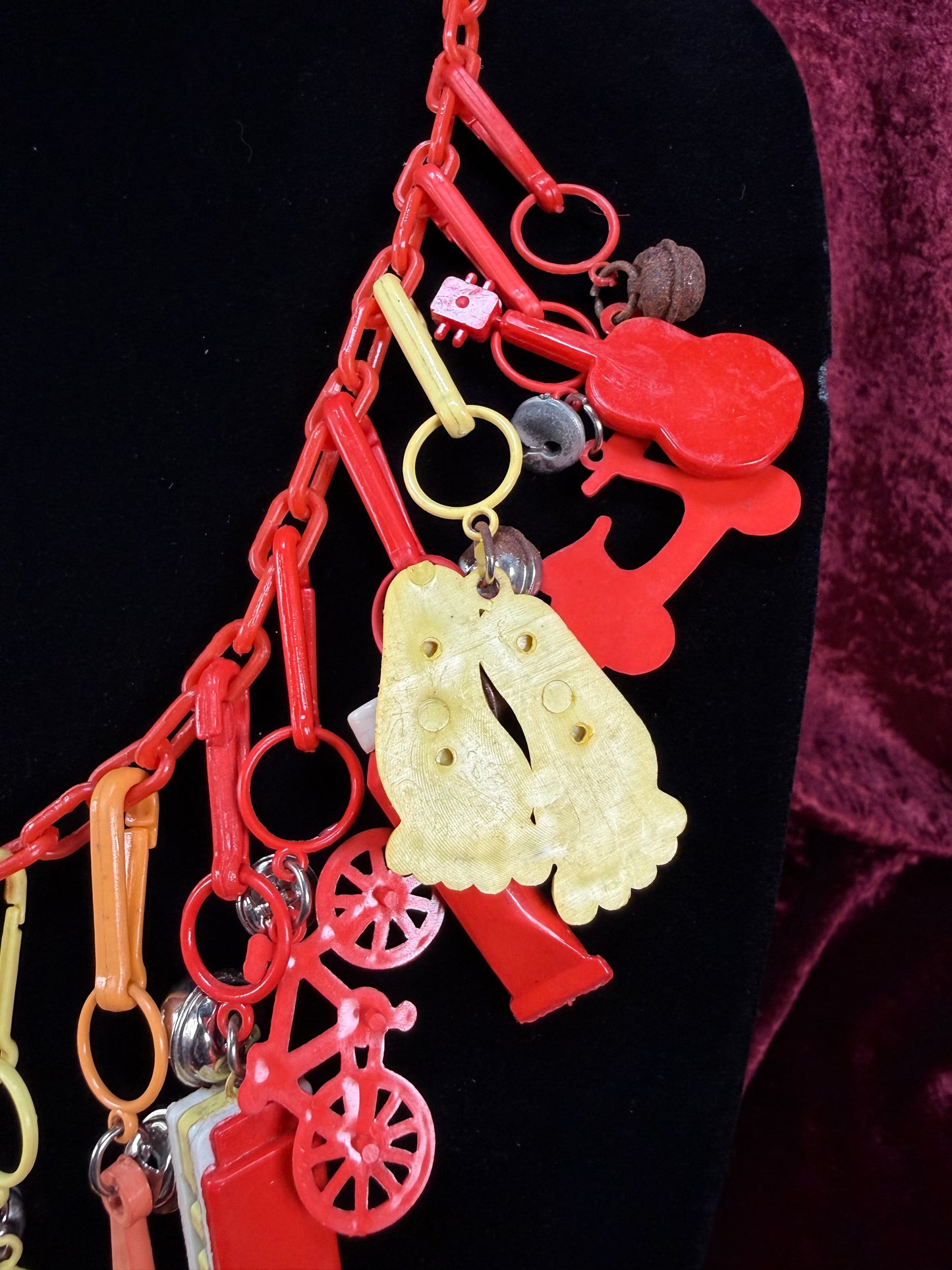 Vintage 1980s Plastic Chain Charm Necklace - 17 Bell Charms - Red Orange Yellow