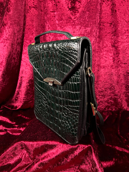Vintage Emerald Green Leather Crossbody Bag - Croc Embossed Top Handle Purse