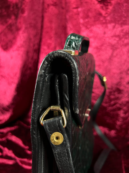 Vintage Emerald Green Leather Crossbody Bag - Croc Embossed Top Handle Purse
