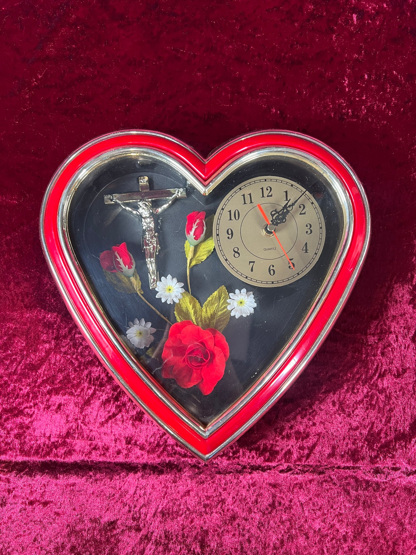 Vintage Wall Clock - Red Heart Shaped Shadow Box - Crucifix and Roses