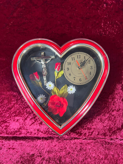 Vintage Wall Clock - Red Heart Shaped Shadow Box - Crucifix and Roses