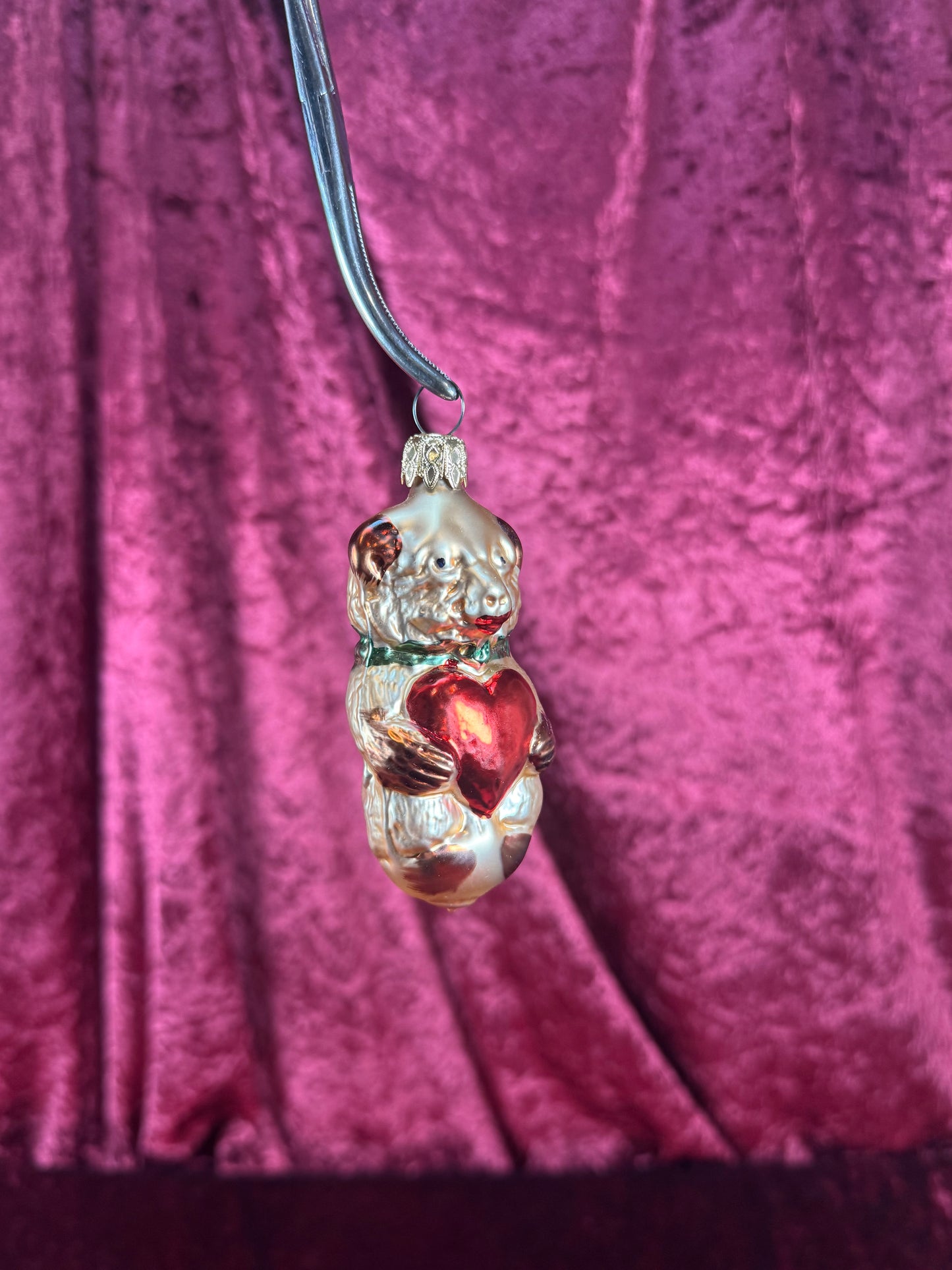 Vintage Christmas - Handblown Glass Ornament - Bear Holding A Red Heart - 4"