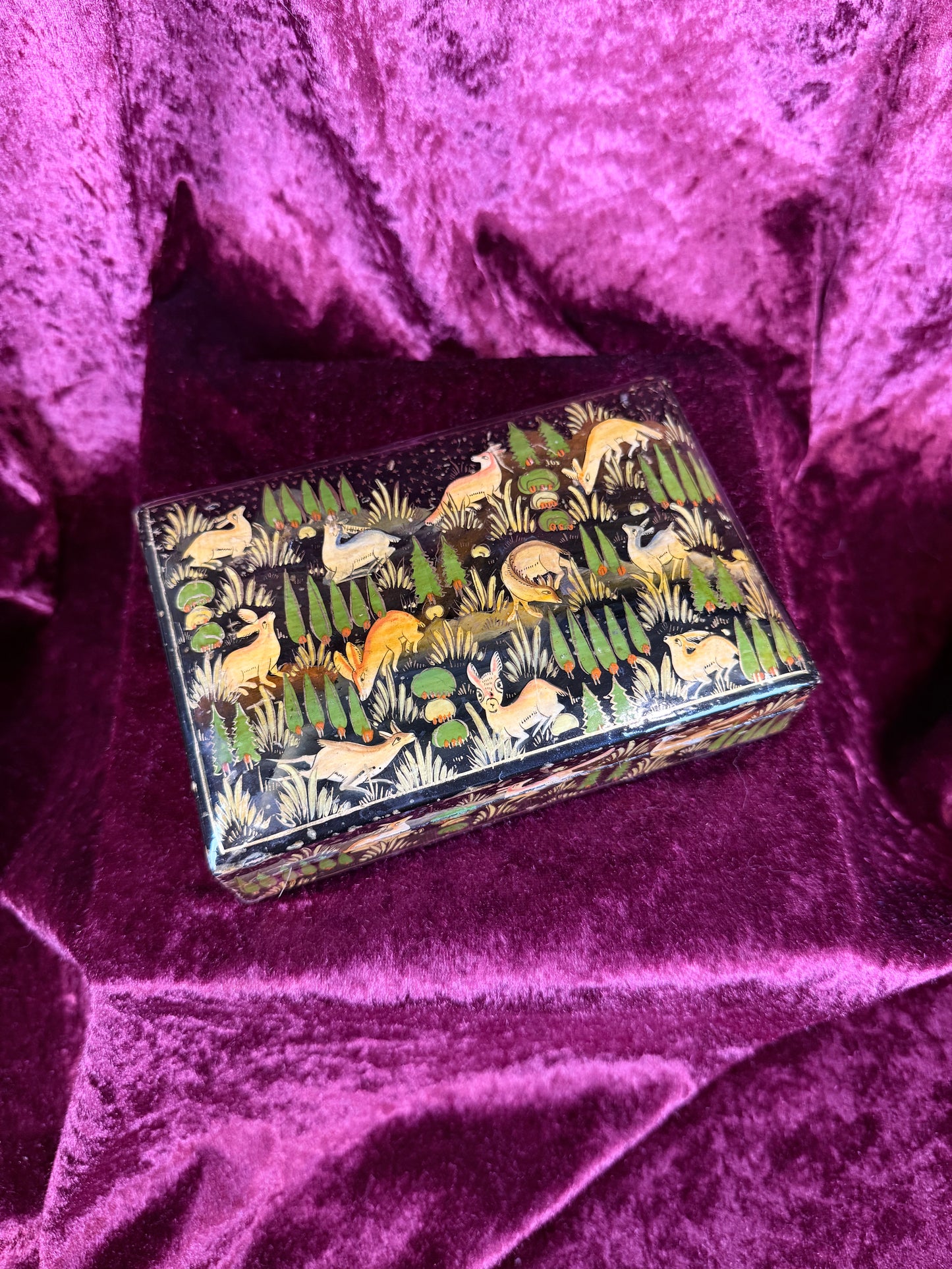 Vintage Papier-Mâché Trinket Box - Hand-Painted Kashmiri Woodland Animals