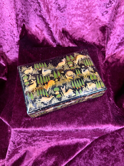 Vintage Papier-Mâché Trinket Box - Hand-Painted Kashmiri Woodland Animals