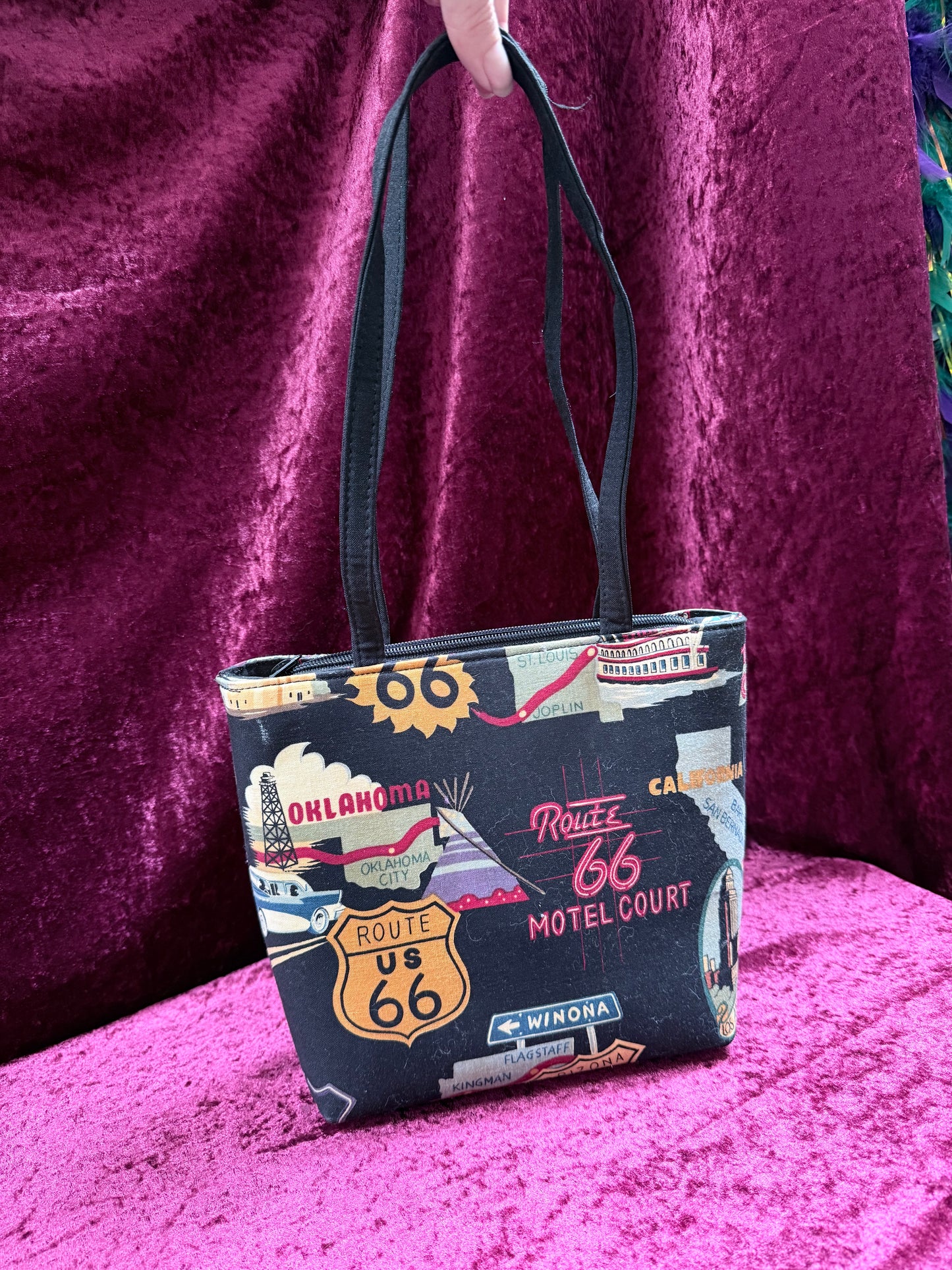 Vintage Y2K Route 66 Shoulder Bag – Rhinestone Road Trip Print