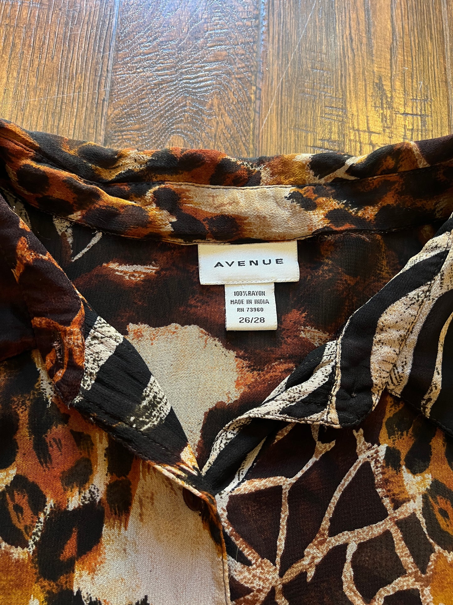 Vintage Rayon Button Front Shirt - Patchwork Animal Print by Avenue - 2X-Large