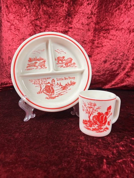 Vintage Kitchen - 1950s Children's Mug and Divided Plate Set - Ceramic - Little Bo Peep - Fire King