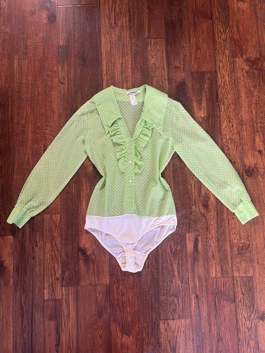 Vintage Clothing - 70’s Disco Bodysuit - Bright Green Polka Dot - Medium - Saucy California