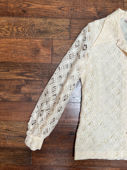 Vintage Clothing - Button Front Blouse - Floral Lattice Lace - Beige - Medium - Fashioned by Gregory