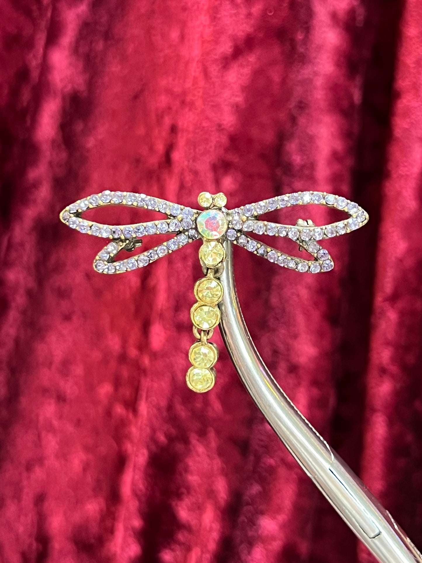 Vintage Jewelry - Brooch - Brass Tone Metal - Purple and Green Rhinestones - Dragonfly