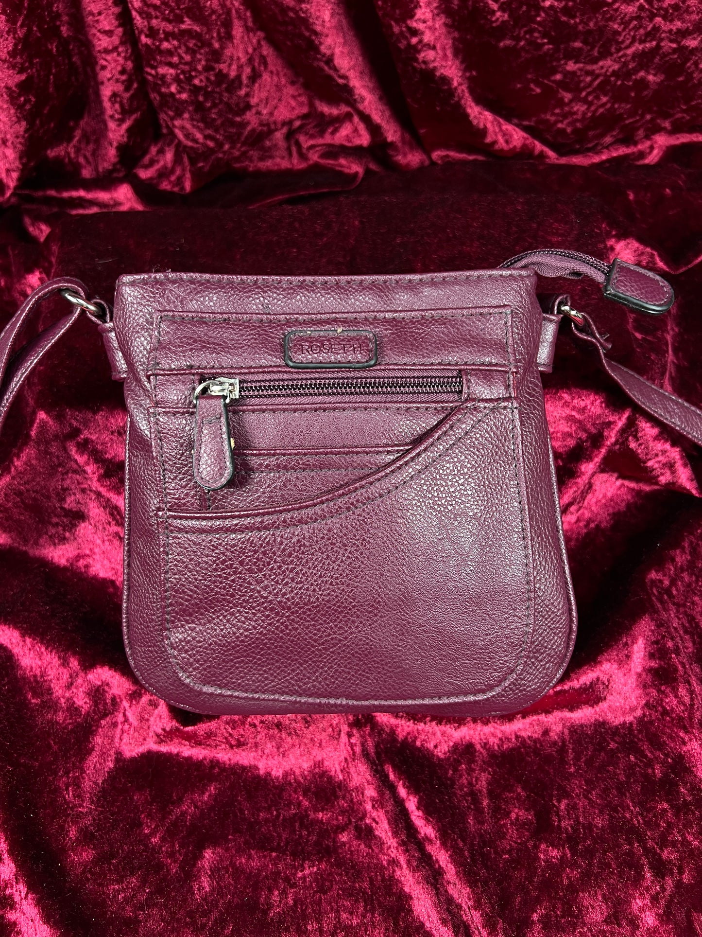 Vintage Faux Leather Crossbody Bag - Burgundy Pebbled Utility Purse - Rosetti