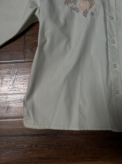 Vintage Koret Francisca Cotton Blend Blouse – Green Pinstripe Floral Embroidery – Medium