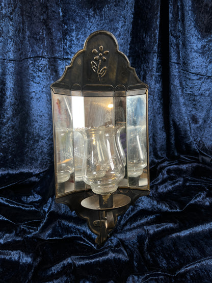 Vintage Metal and Glass Wall Sconce - Mirrored Panels and Floral Motif