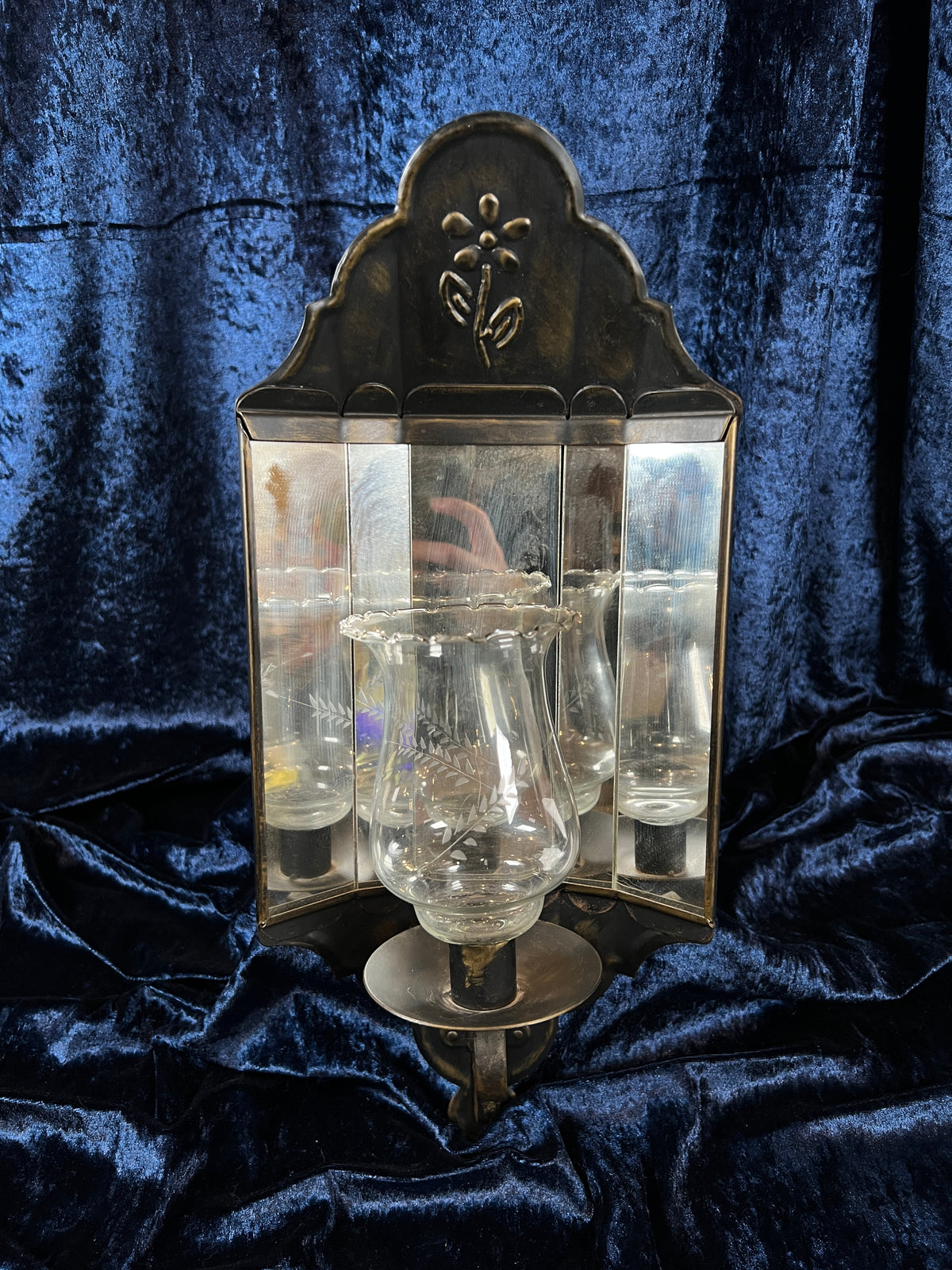 Vintage Metal and Glass Wall Sconce - Mirrored Panels and Floral Motif