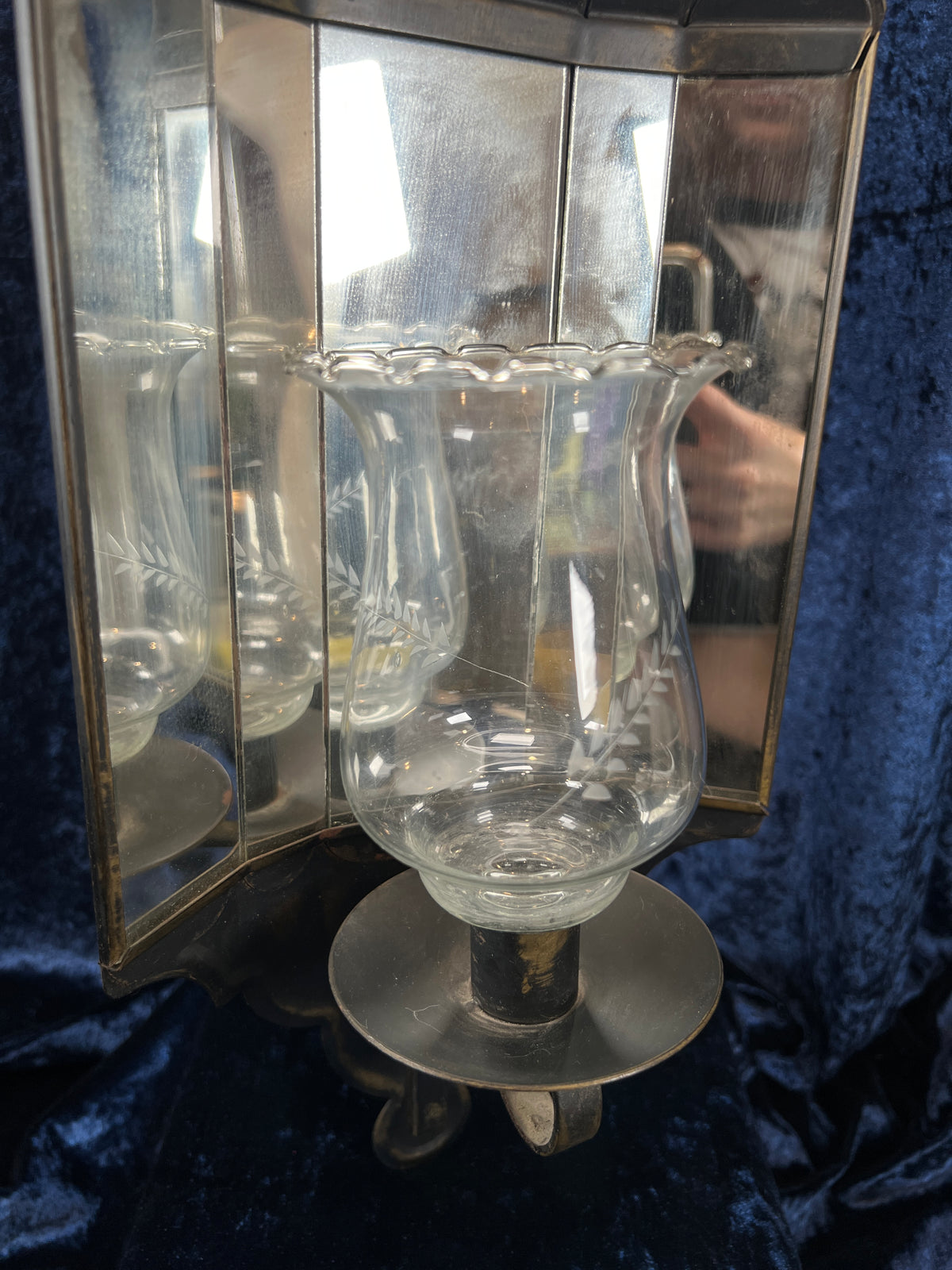 Vintage Metal and Glass Wall Sconce - Mirrored Panels and Floral Motif