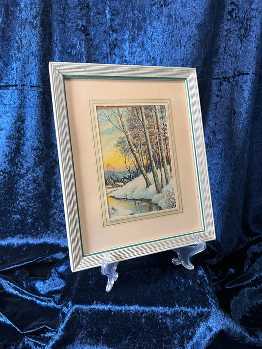 Vintage Wood Framed Winter Landscape Print - Snowy River Cabin Scene
