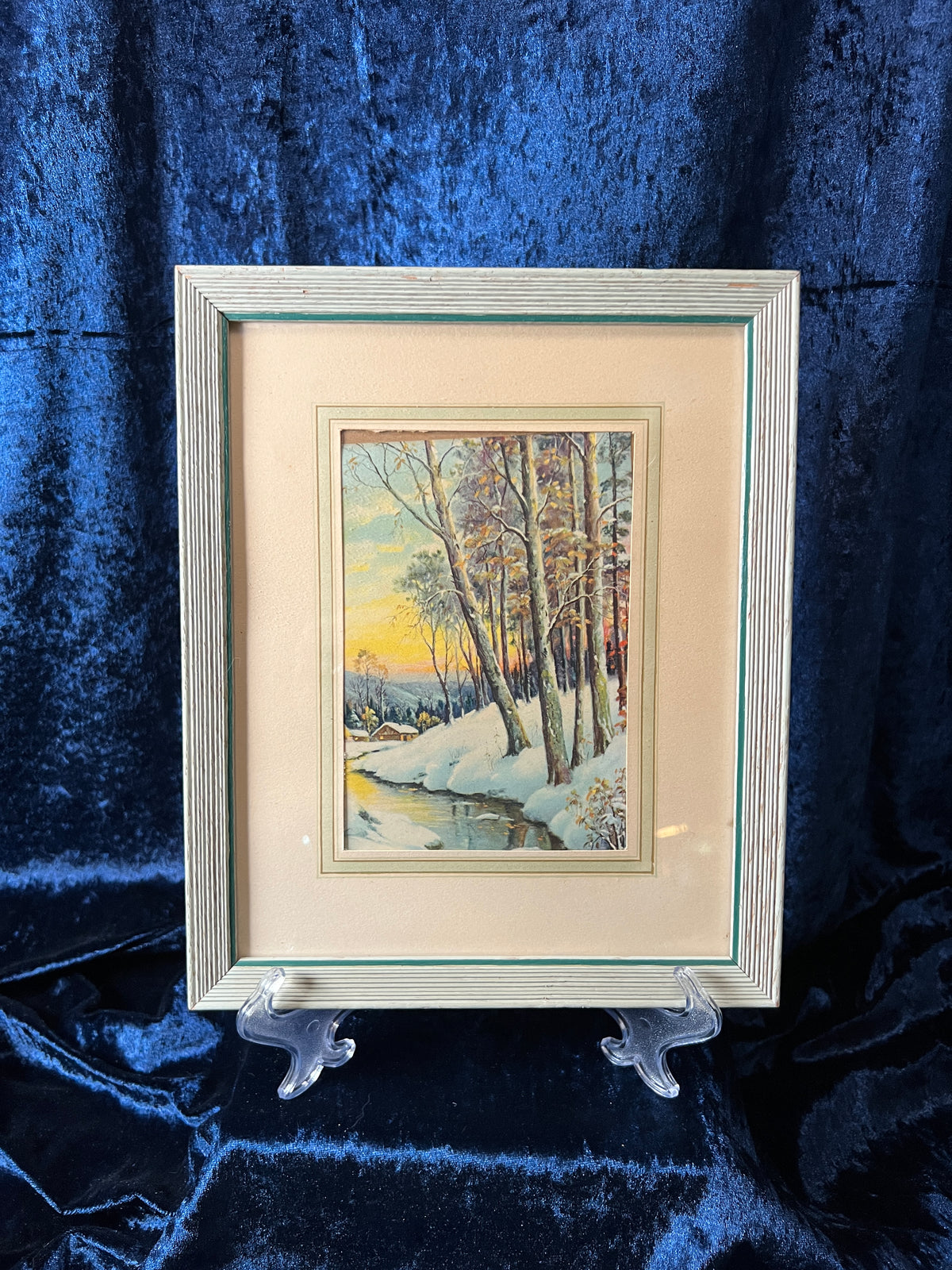 Vintage Wood Framed Winter Landscape Print - Snowy River Cabin Scene