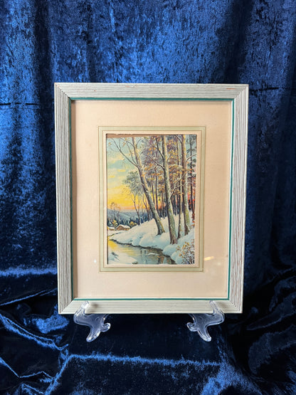 Vintage Wood Framed Winter Landscape Print - Snowy River Cabin Scene
