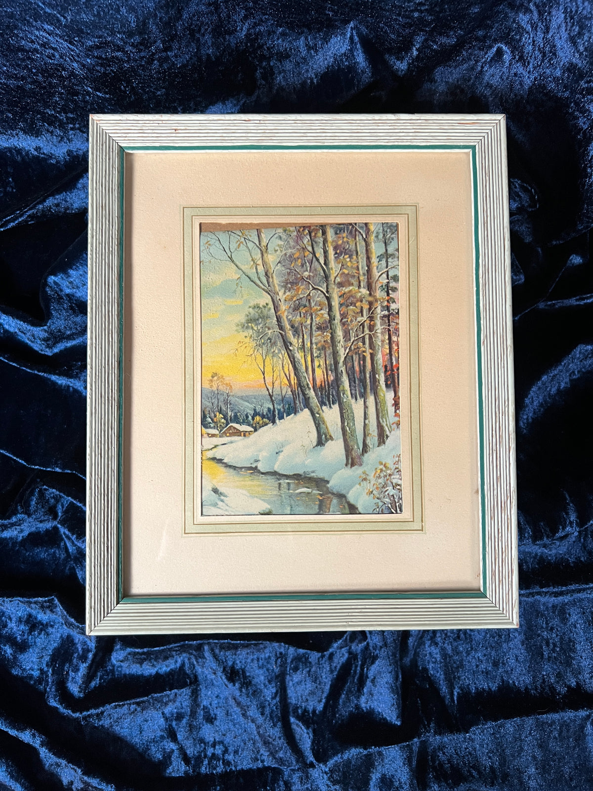 Vintage Wood Framed Winter Landscape Print - Snowy River Cabin Scene