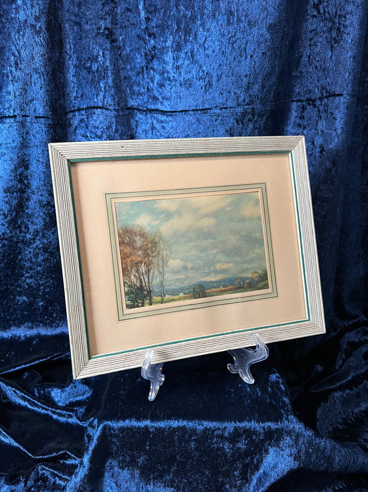 Vintage Wood Framed Landscape Print - Distressed Light Green Frame Wall Art