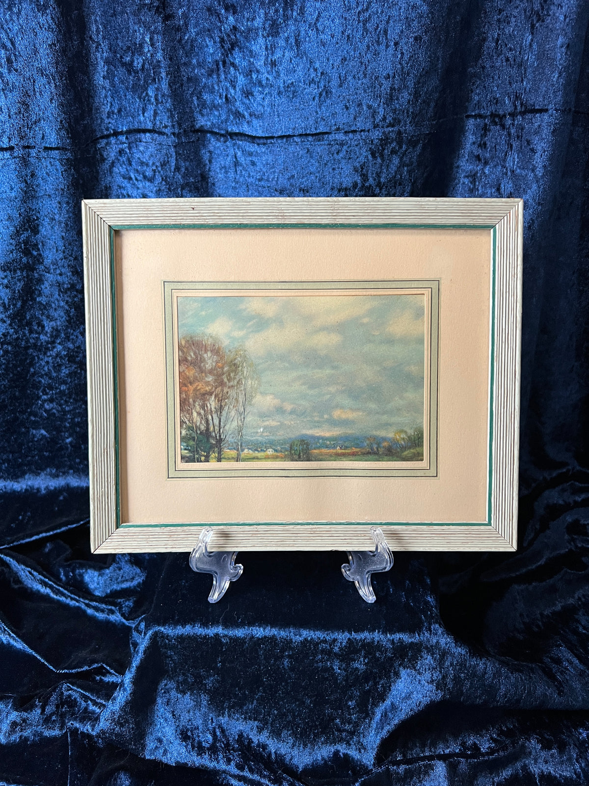 Vintage Wood Framed Landscape Print - Distressed Light Green Frame Wall Art