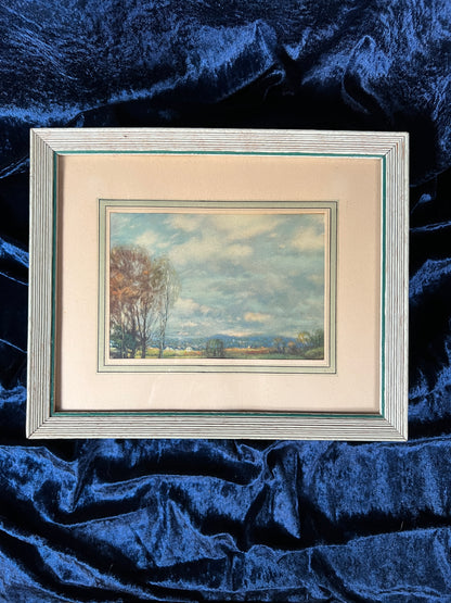 Vintage Wood Framed Landscape Print - Distressed Light Green Frame Wall Art