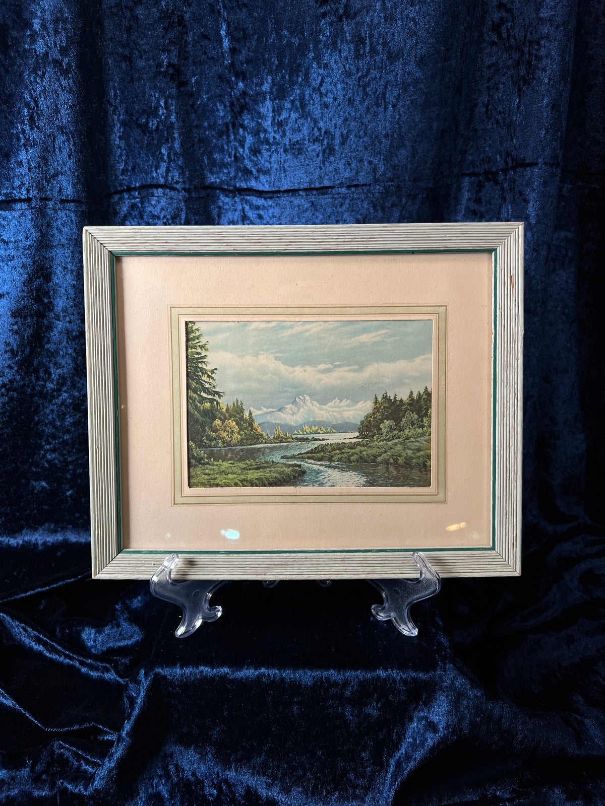 Vintage Wood Framed Landscape Print - Mountain River Scene Wall Art