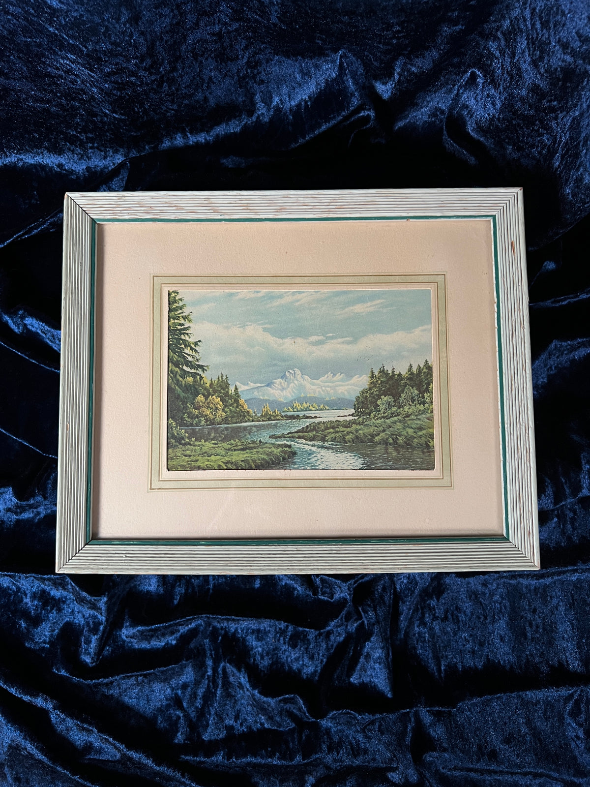 Vintage Wood Framed Landscape Print - Mountain River Scene Wall Art