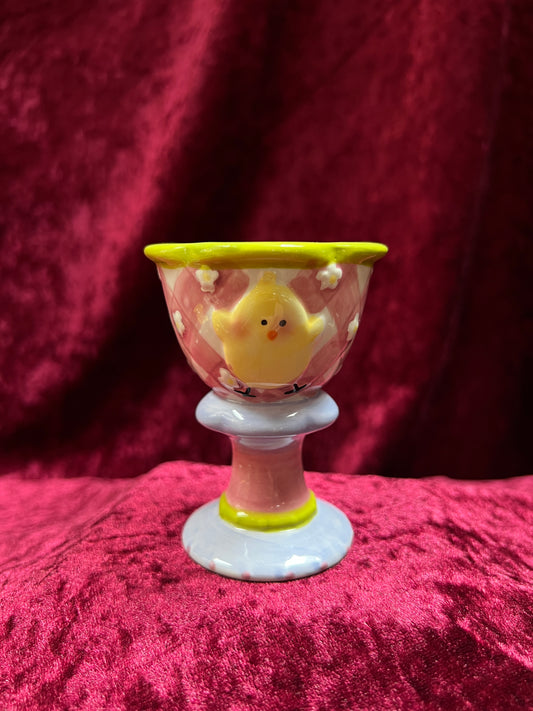Vintage Ceramic Yellow Chick Egg Cup - Pink Gingham Floral Pedestal Decor