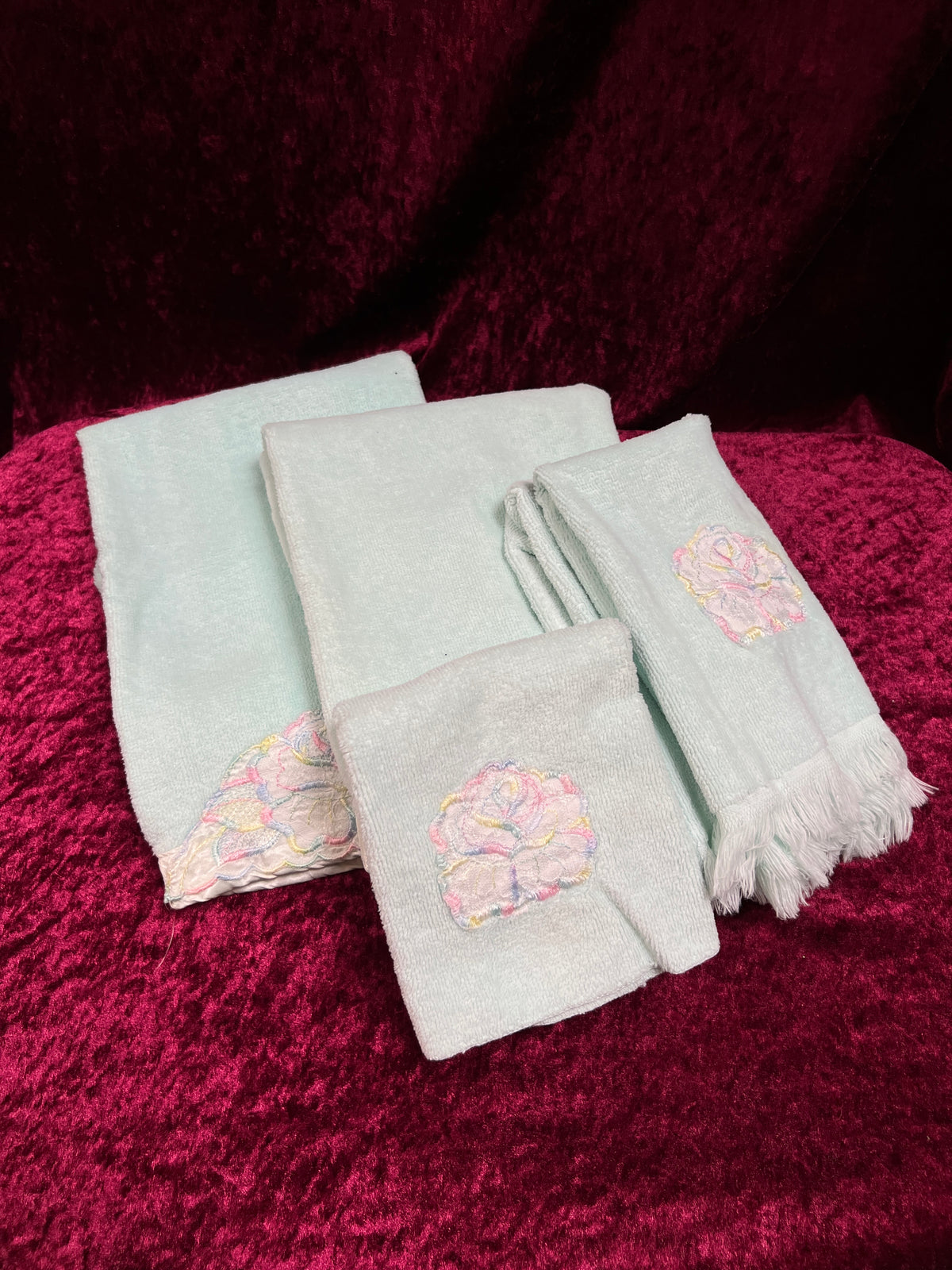 Vintage Cotton Hand Towel Set - Pastel Blue and Embroidered Roses