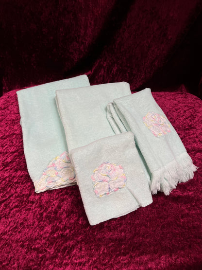Vintage Cotton Hand Towel Set - Pastel Blue and Embroidered Roses