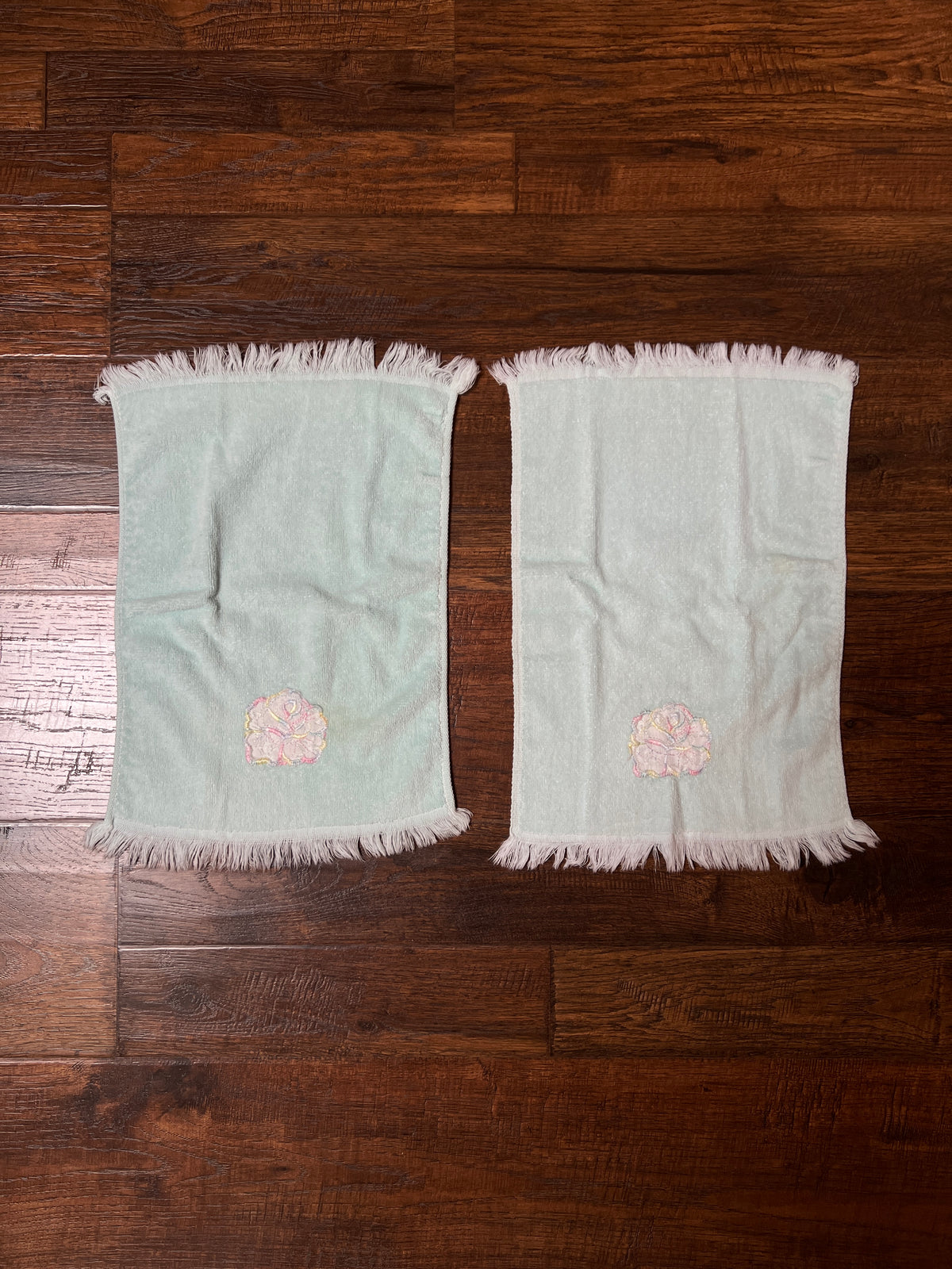 Vintage Cotton Hand Towel Set - Pastel Blue and Embroidered Roses