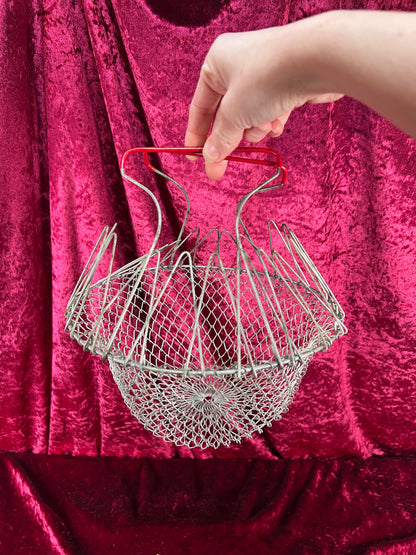 Vintage Basket - Metal Wire Egg Gathering Basket - Red Handles