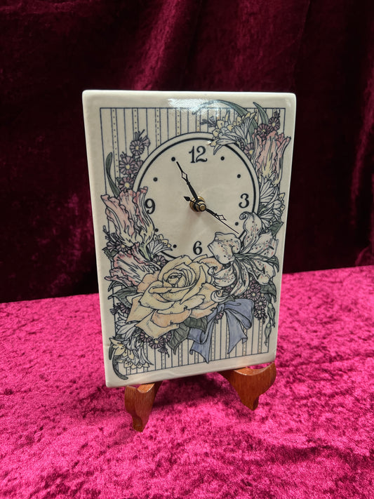 Vintage Ceramic Tile Wall Clock - Cottagecore Flower Bouquet Illustration