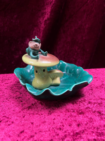 Vintage Ceramic Incense Burner Ashtray - Little Pixie On A Mushroom Cap