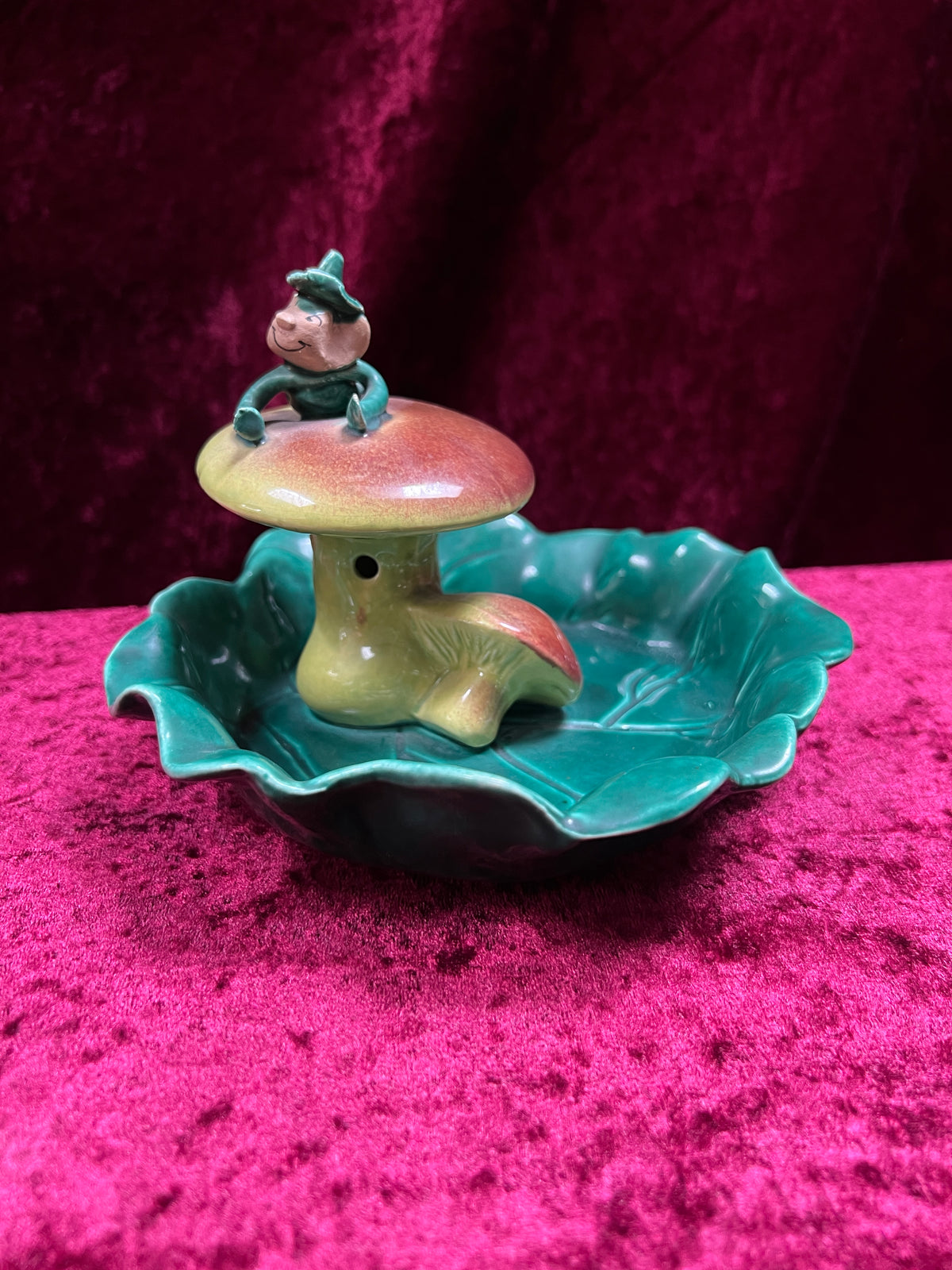 Vintage Ceramic Incense Burner Ashtray - Little Pixie On A Mushroom Cap