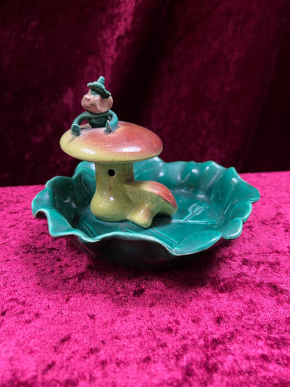 Vintage Ceramic Incense Burner Ashtray - Little Pixie On A Mushroom Cap