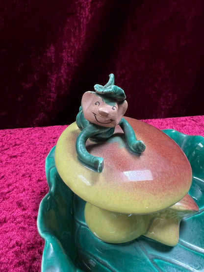 Vintage Ceramic Incense Burner Ashtray - Little Pixie On A Mushroom Cap