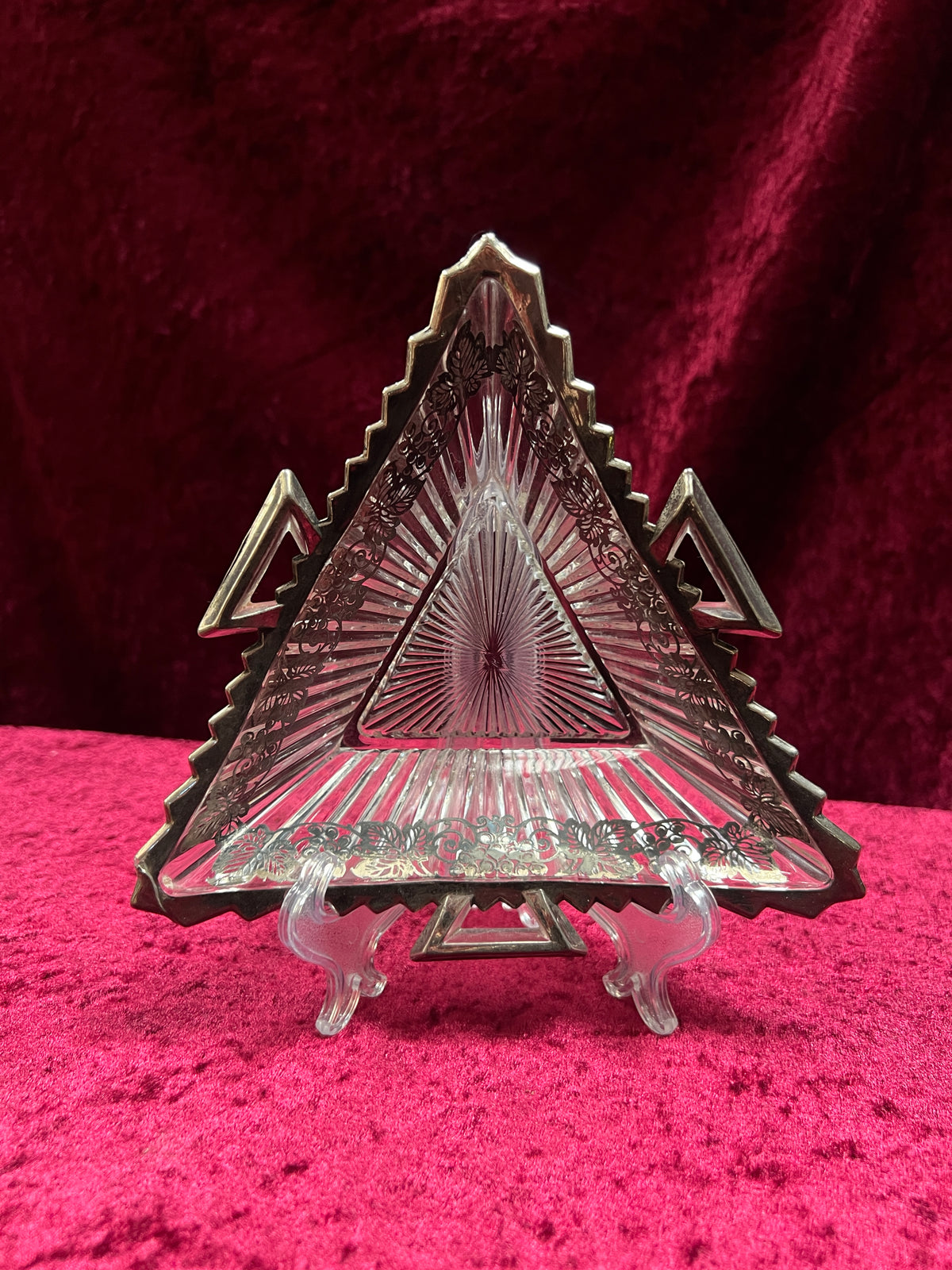 Vintage Heisey Glass Handled Ashtray - Silver-Tone Filigree Overlay