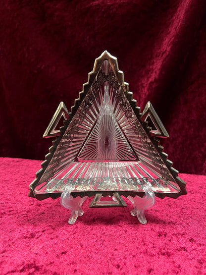 Vintage Heisey Glass Handled Ashtray - Silver-Tone Filigree Overlay