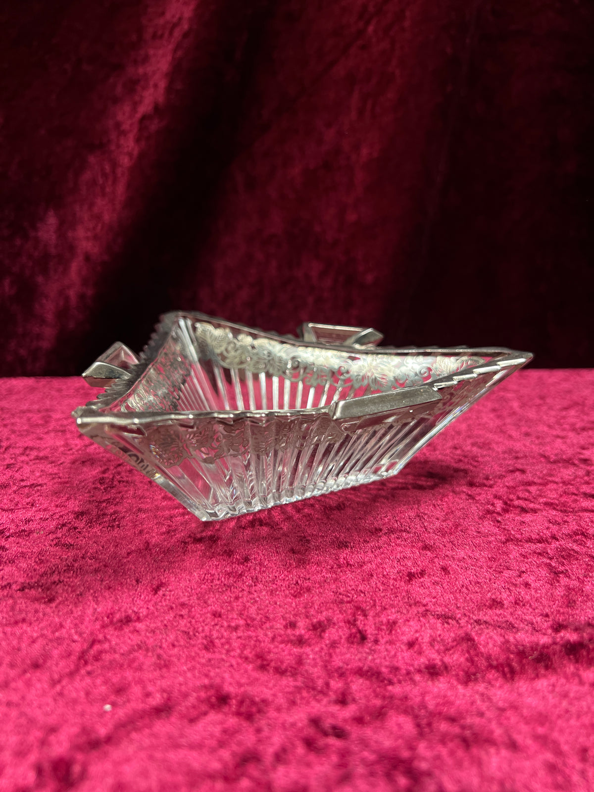 Vintage Heisey Glass Handled Ashtray - Silver-Tone Filigree Overlay