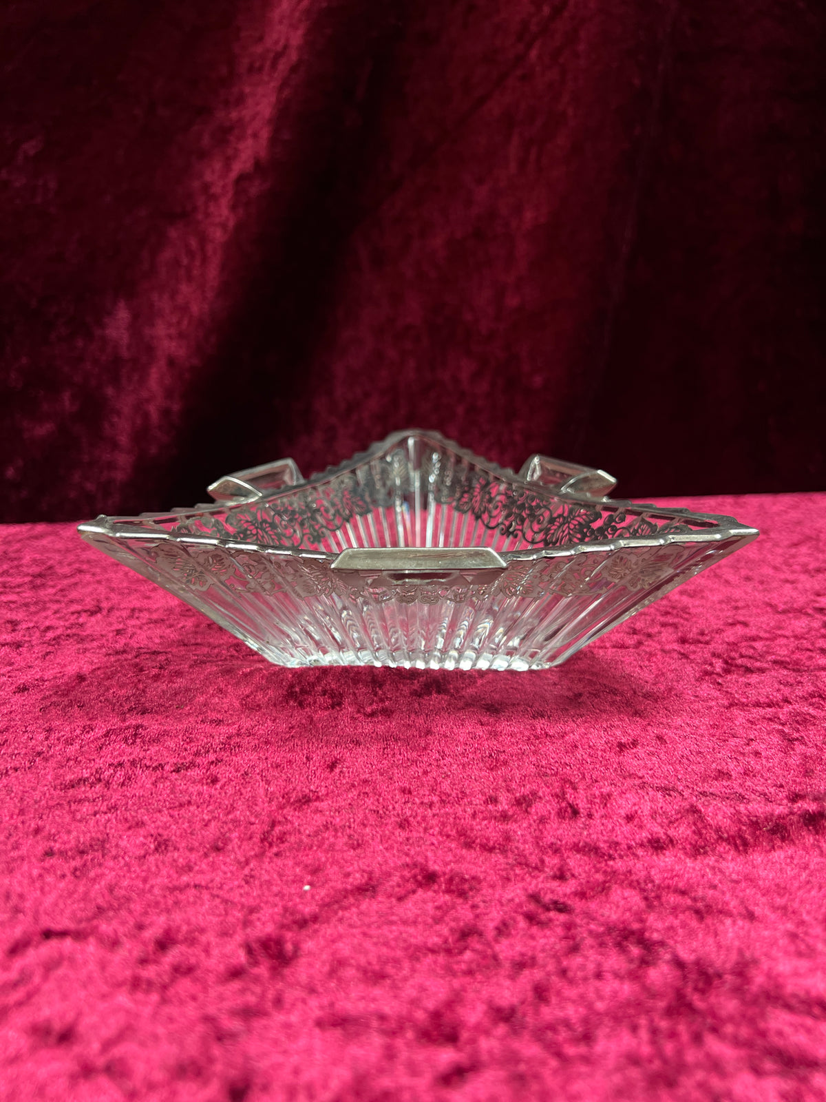 Vintage Heisey Glass Handled Ashtray - Silver-Tone Filigree Overlay