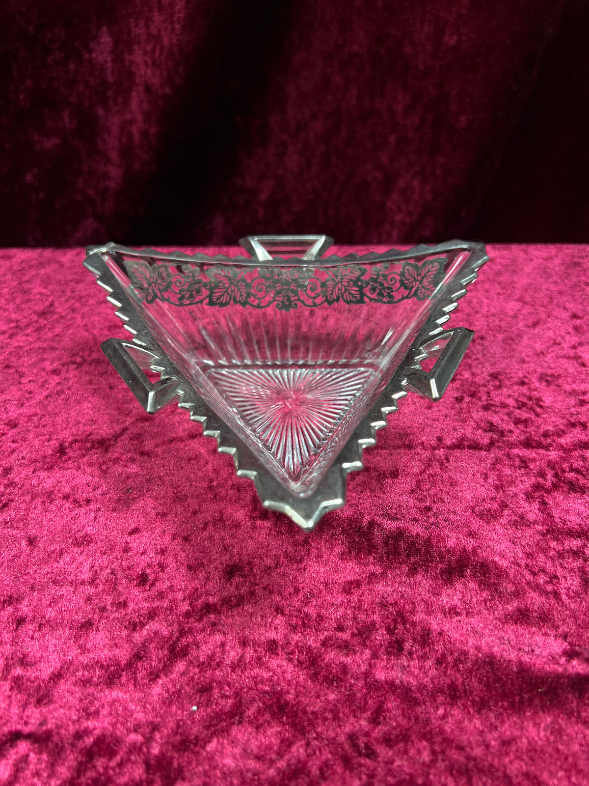 Vintage Heisey Glass Handled Ashtray - Silver-Tone Filigree Overlay