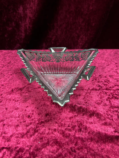 Vintage Heisey Glass Handled Ashtray - Silver-Tone Filigree Overlay