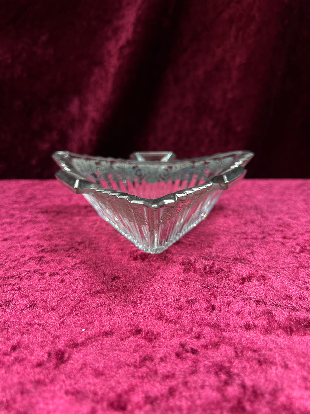 Vintage Heisey Glass Handled Ashtray - Silver-Tone Filigree Overlay