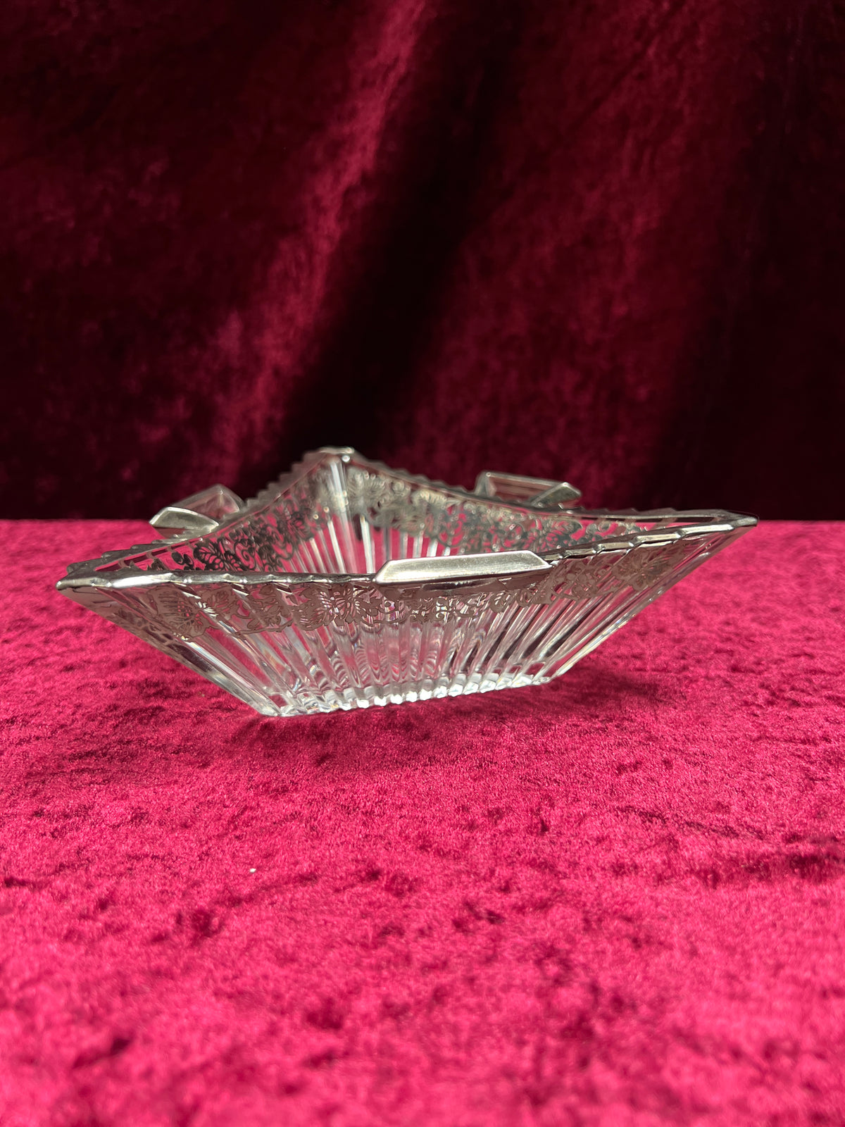 Vintage Heisey Glass Handled Ashtray - Silver-Tone Filigree Overlay