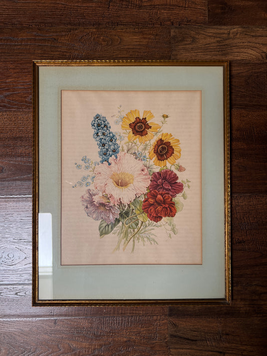 Vintage Wood Framed Floral Print - Pastel Wildflower Bouquet Botanical Wall Art