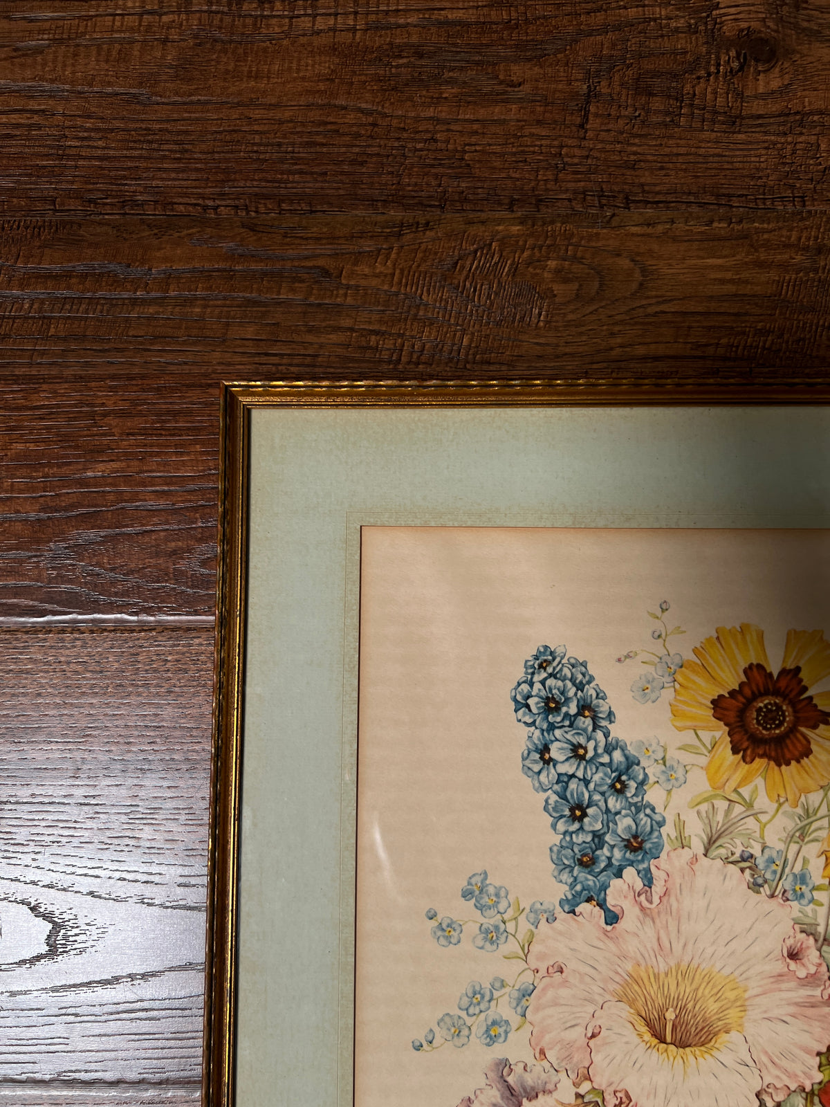 Vintage Wood Framed Floral Print - Pastel Wildflower Bouquet Botanical Wall Art