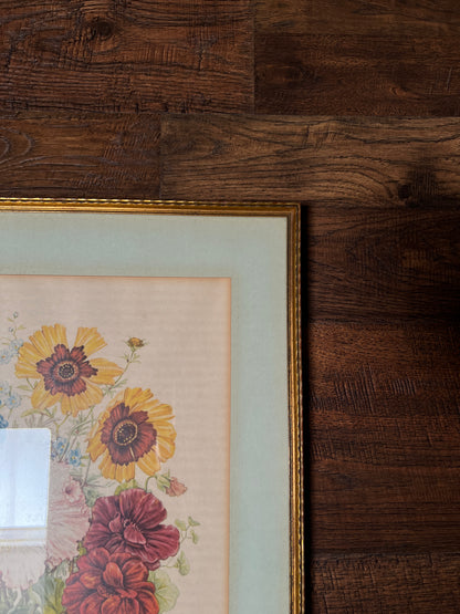 Vintage Wood Framed Floral Print - Pastel Wildflower Bouquet Botanical Wall Art