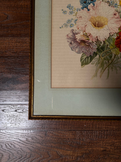 Vintage Wood Framed Floral Print - Pastel Wildflower Bouquet Botanical Wall Art